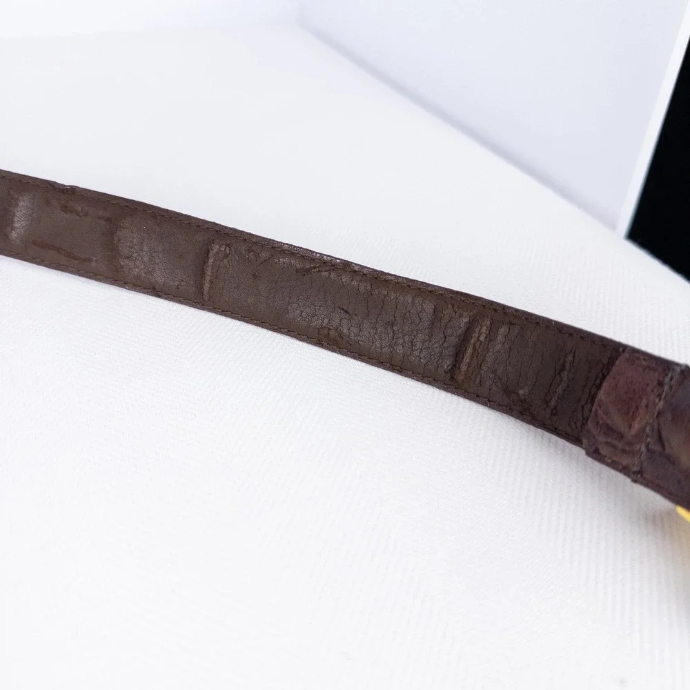 Sculptural Vintage Ritz Brown Leather Croc Embossed Belt Gold Wing Buckle 34
